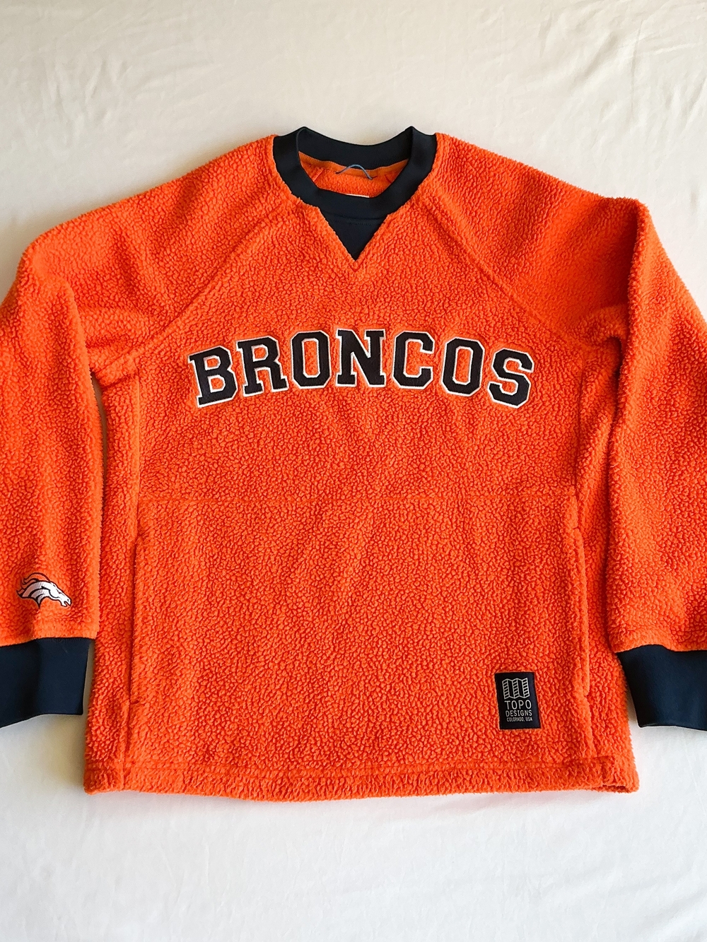 Topo Designs x Denver Broncos Football Orange & Blue Sherpa Sweatshirt Size XS